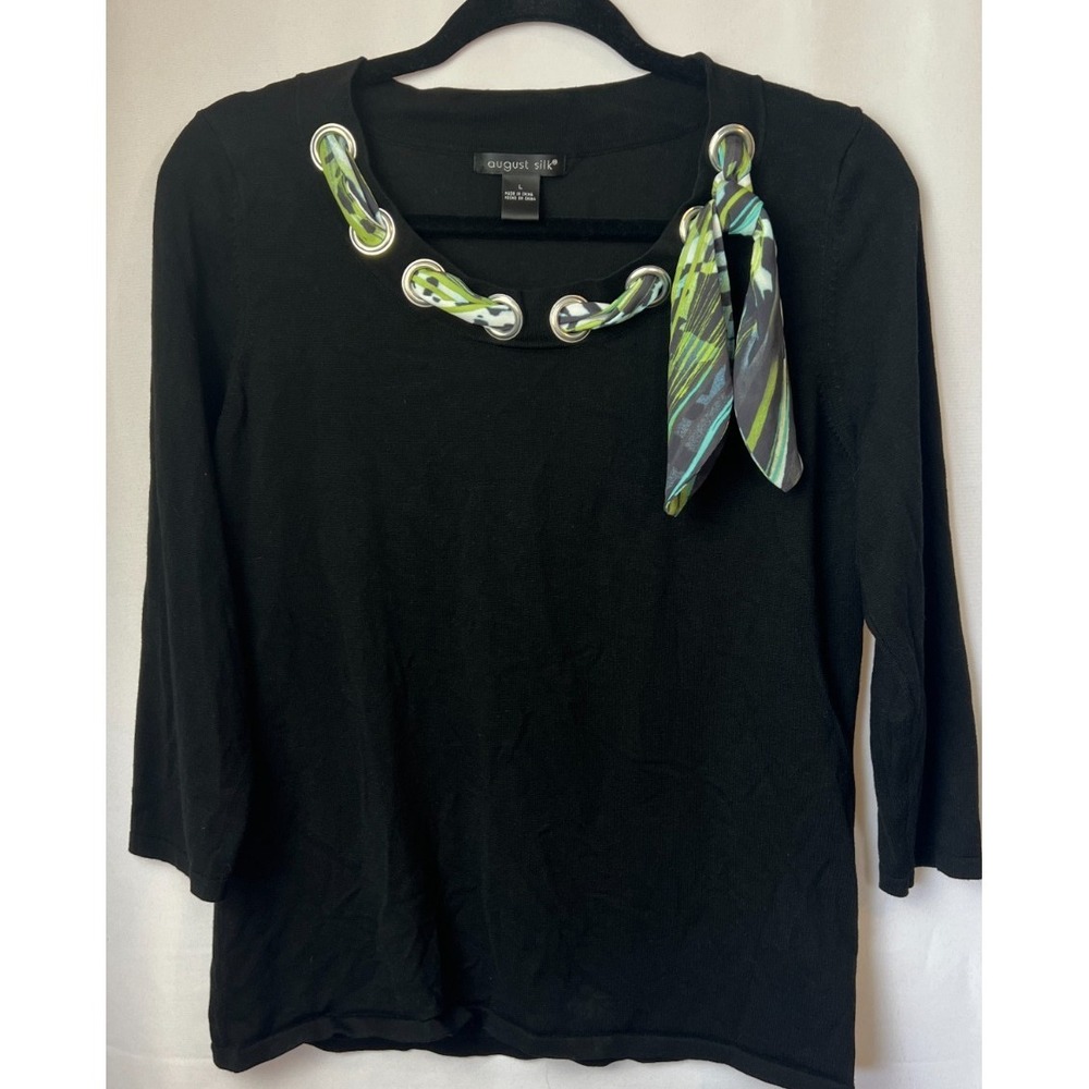 August Silk Large Black Silk Blend Sweater Corporate Chic Y2K Grommet Top